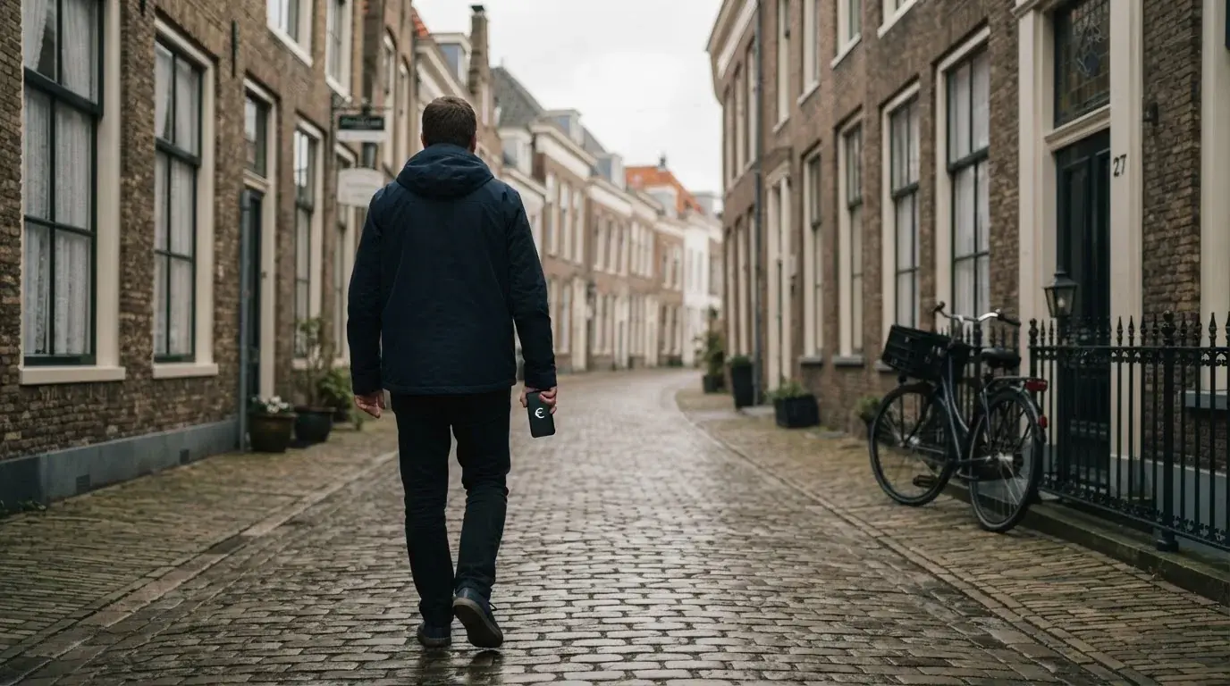 Een volwassene wandelt door een rustige straat in een Nederlandse stad met een telefoon in de hand.