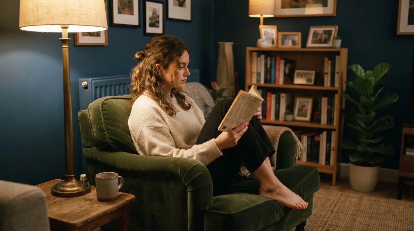 Een persoon zit rustig te lezen op een fauteuil in een woonkamer bij lamplicht.